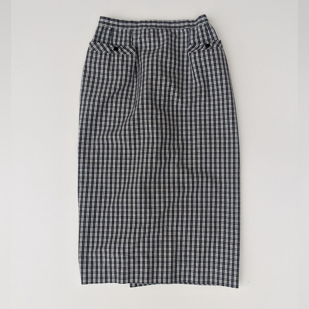 Vintage 90s black white plaid midi skirt with tiny pockets